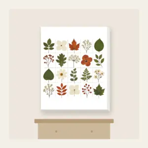 Pressed Leaf Specimen Grid Canvas Print in white: A grid of pressed leaves and blossoms in green, rust and cream with tiny index lines.