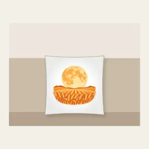 Harvest Moon over Wheat Pillow in white: A large orange harvest moon above rows of wheat in orange and cream.