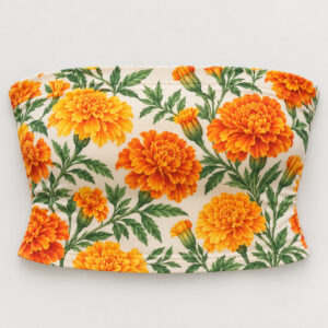 Marigold Tube Top with marigold flowers and leaves in orange, yellow and green on cream