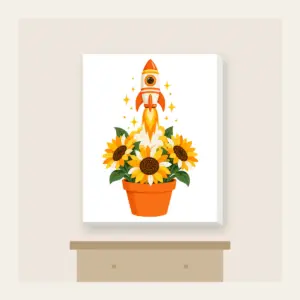 Striped Rocket in Sunflower Pot Canvas Print in white: A small striped rocket lifts off from a pot of sunflowers in white, yellow and orange.