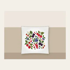 Wild Berries and Leaves Pillow in white: A scatter of wild berries and leaves in plum, red and green on cream.