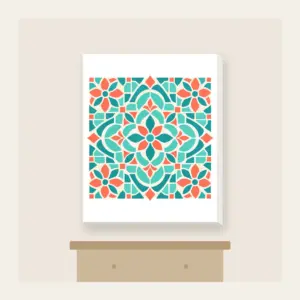 Aqua and Coral Mosaic Tiles Canvas Print in white: Mosaic tiles in aqua, coral and cream fit together across the artwork.