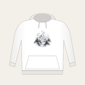 Campfire Smoke Curls Through Pines Hoodie in white: Wisps of smoke curl upward between dark pine silhouettes in muted greys.