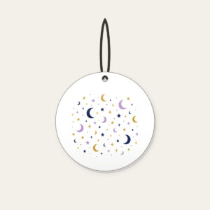 Scattered Stars and Crescents Ceramic Ornament in white: Small stars and crescent moons scattered across the night in navy, lilac and gold.