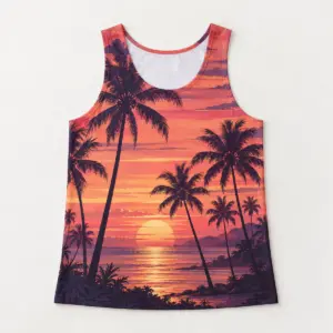 Sunset Palm Tank Top with palm trees against a striped sunset in coral, plum and gold