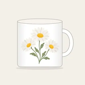Chain of Three Daisies Mug in white: Three daisies in white and butter yellow link along a single sage stem.
