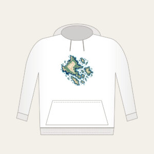 Topographic Coastline and Islands Map Hoodie in white: Topographic contours of a coastline and islands in navy, sea green and sand on cream.