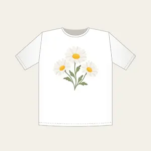 Chain of Three Daisies T-Shirt in white: Three daisies in white and butter yellow link along a single sage stem.