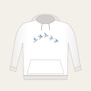 Five Swallows in a Gentle Arc Hoodie in white: Five swallows in cream and sky blue fly in an arc along a fine dotted trail.