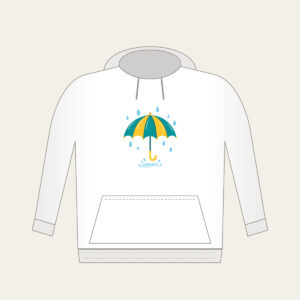 Teal Umbrella and Raindrop Ripple Hoodie in white: An open teal and yellow umbrella with small raindrops and a tiny puddle ripple.