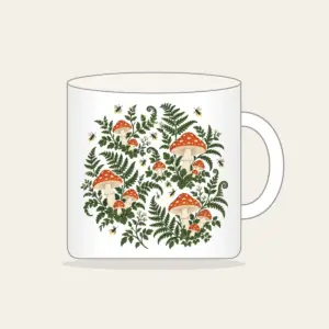 Toadstools, Ferns and Fireflies Mug in white: Toadstools, ferns and glowing fireflies scattered in rust and cream across a deep green forest ground.