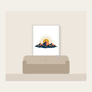Mountain Range with a Golden Sunrise Disc Fleece Blanket in white: A mountain range at sunrise with a golden sun disc at the center in navy, coral and gold.