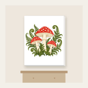 Red Toadstool Trio with Curling Ferns Canvas Print in white: Three red-capped mushrooms with curling ferns in cream, red and moss green.