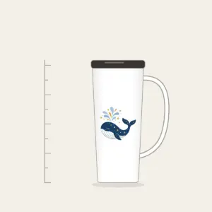 Starry Whale with Water Spout Tumbler with Handle in white: A friendly whale lifts a spout of water among tiny white and gold stars.