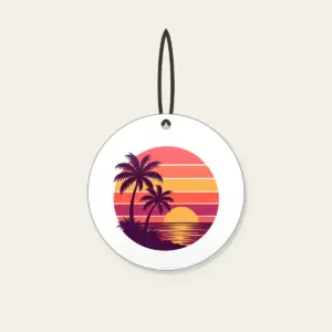 Palm Trees Against a Striped Sunset Ceramic Ornament in white: Palm trees stand against a striped sunset in coral, plum and gold.