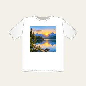 Quiet Lake at Sunrise with Pines T-Shirt in white: A calm lake at sunrise with a pine shoreline, edged by a thin white border.