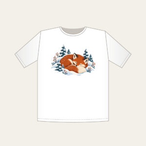 Sleeping Fox Among Snowy Pines T-Shirt in white: A fox curled asleep in a snowbank with tiny pines, in rust, cream and slate blue.