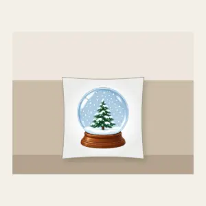 Tiny Pine Snow Globe Pillow in white: A small pine tree stands inside a round snow globe as white flakes swirl around it.