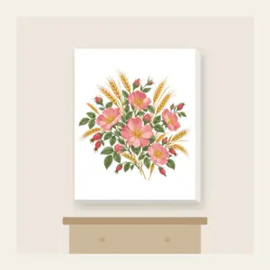 Prairie Roses and Wheat Stalks Canvas Print in white: All-over prairie roses and wheat stalks in rose, gold and sage.