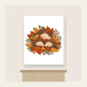 Sleeping Hedgehogs in Autumn Leaves Canvas Print in white: Little hedgehogs curl up asleep among fallen leaves in brown, rust and sage.