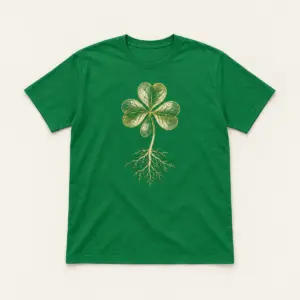 Four-Leaf Study Tee with chest print of a botanical-plate style four-leaf clover with its roots in cream and gold line art