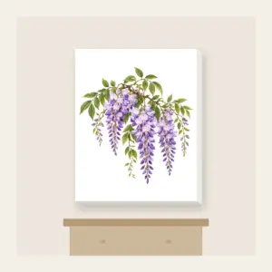 Drooping Wisteria Clusters on Cream Canvas Print in white: Drooping wisteria clusters in lilac and violet with green leaves on a cream base.