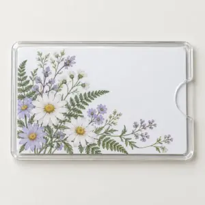Pressed Posy Card Sleeve with sleeve face with a pressed posy of daisies and ferns in lilac, white and green printed on the front of the clear sleeve