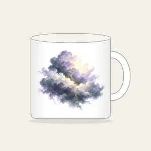 Storm Clouds with Gold Lightning Mug in white: Gentle storm clouds in slate, lavender and cream, split by one thin gold lightning line.