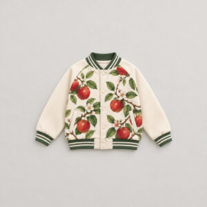 Apple Orchard Kids Jacket with all-over apple branch panels with red fruit and green leaves on the body and cream sleeves