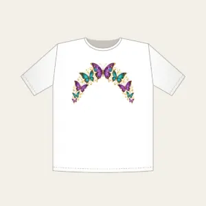 Butterflies Arching Along the Edge T-Shirt in white: Violet, teal and gold butterflies arch along a curved edge.