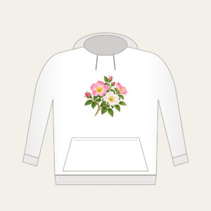 Wild Rose Branch Hoodie in white: A branch of wild roses with pink and white blossoms and fresh green leaves.