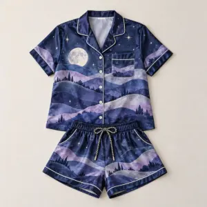 Satin Moonrise Short-Sleeve Pajama Set with all-over moonrise over hills with tiny stars in navy, lilac and silver