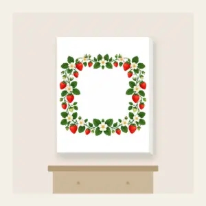 Strawberry and Blossom Border Canvas Print in white: A border of strawberries and blossoms in red, cream and green surrounds a plain center.