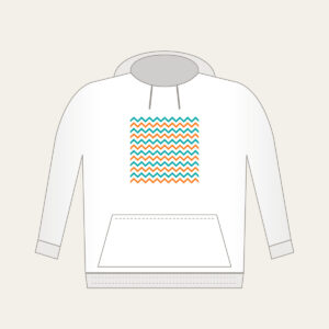 Teal and Orange Zigzag Trail Hoodie in white: Zigzag trail lines in teal and orange race across a white ground.