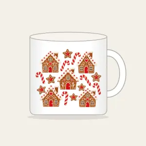 Gingerbread Houses and Candy Canes Mug in white: Little gingerbread houses, candy canes and stars dance across cream in brown and red.