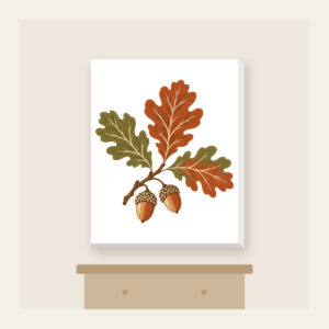 Oak Branch with Acorns Canvas Print in white: An oak branch with three leaves and two acorns in rust, olive and cream.
