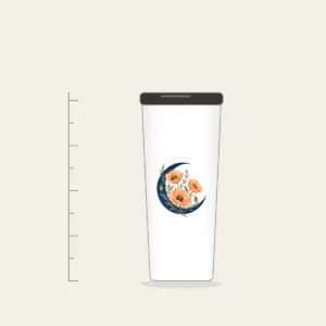 Crescent Moon and Apricot Poppies Tumbler in white: A deep blue crescent moon cradles three delicate apricot poppies on fine olive stems.