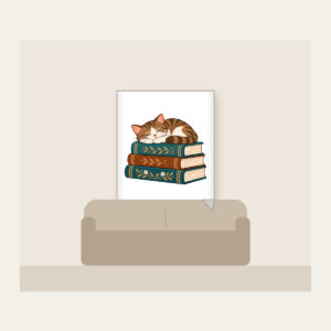 Cat Napping on Three Books Fleece Blanket in white: A cat curled up asleep on a stack of three books, in warm brown and teal.