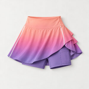 Dawn Run Skort with a gradient from peach to rose to violet with a thin white stripe on each side