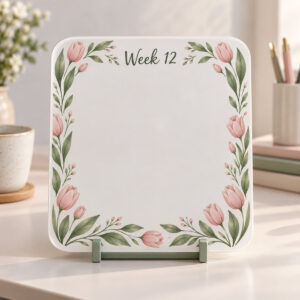 Notes board with a tulip and leaf garden border on a small stand