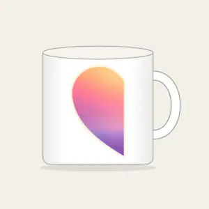 Dawn Gradient Half Heart Mug in white: A left-half heart filled with a dawn gradient of peach, rose and pale violet, edged with a thin cream border.