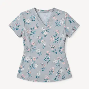 Teal Blossom Scrub Top with scattered blossoms in teal, white and soft pink on pale grey