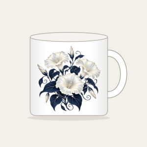 Night-Blooming Moonflowers over Navy Mug in white: Moonflowers in cream and silver glow over a navy ground.