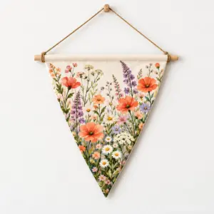 Meadow Pennant Hanging Banner with a single portrait pennant with a wildflower meadow in coral, lilac, green and cream, pointed lower edge, Triangular 10x12 style