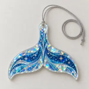 Prism Whale Hologram Ornament with a whale tail design printed in blue and silver with tiny stars and prismatic broken-glass shimmer