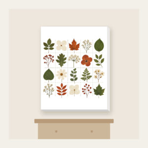 Pressed Leaf Specimen Grid Canvas Print in white: A grid of pressed leaves and blossoms in green, rust and cream with tiny index lines.
