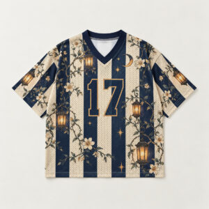 Harbor Lights Football Jersey with all-over stripes in navy and cream with amber lantern glows and the number "17" on the chest
