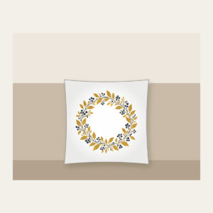 Gold Botanical Leaf and Berry Wreath Pillow in white: A fine botanical wreath of leaves and berries drawn in dark lines on a gold ground.