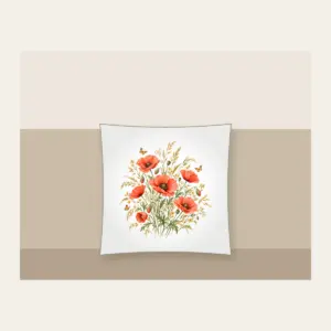 Poppies, Grasses and Tiny Butterflies Pillow in white: All-over poppies, grasses and tiny butterflies in coral, gold and green on cream.