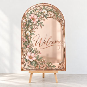 Wildflower Garland Welcome Sign with script word "Welcome" in rose gold mirror lettering with a wildflower garland in blush and sage curling into one corner